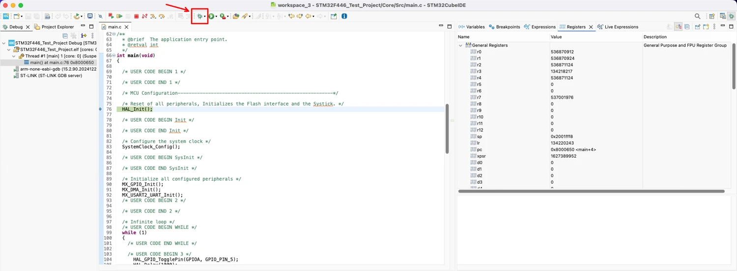 Starting a debug session in STM32CubeIDE using the Debug icon