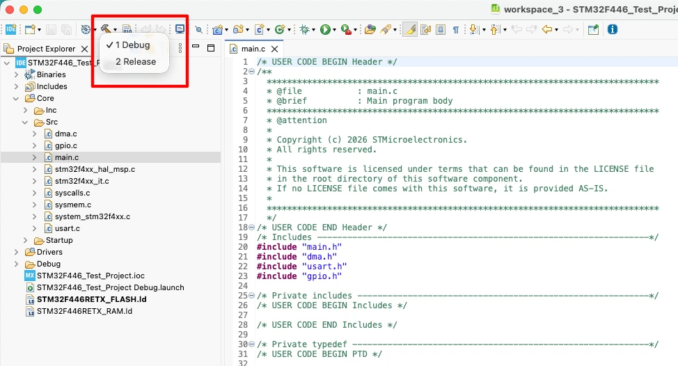 Switching between Debug and Release build configurations in STM32CubeIDE