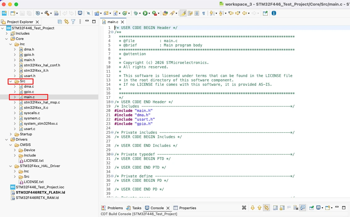 STM32CubeIDE Project Explorer showing Core, Drivers, and Debug folders
