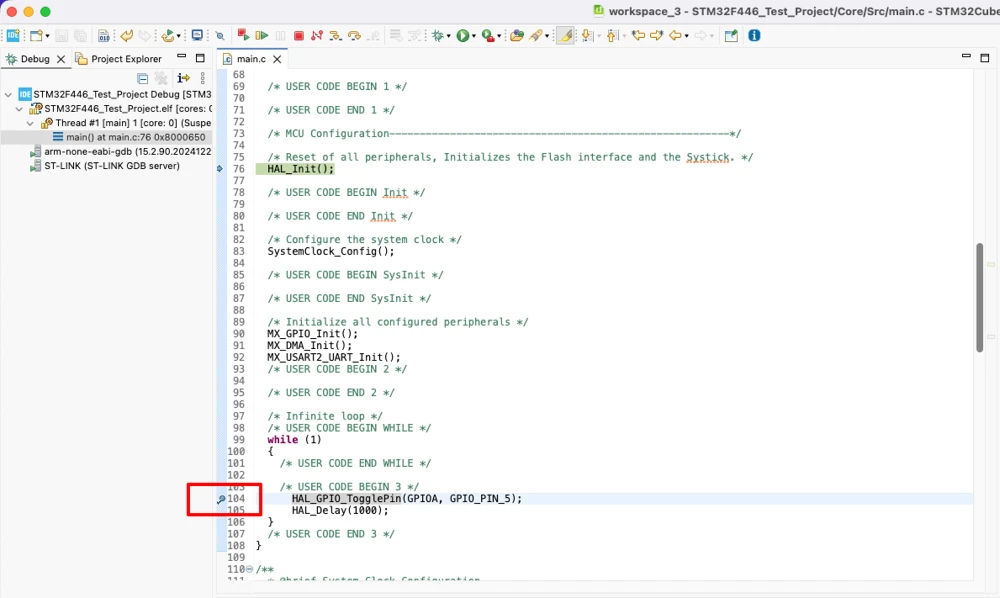 Setting a breakpoint in STM32CubeIDE by clicking the editor margin