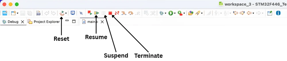 STM32CubeIDE debug toolbar showing Resume, Suspend, and Terminate controls