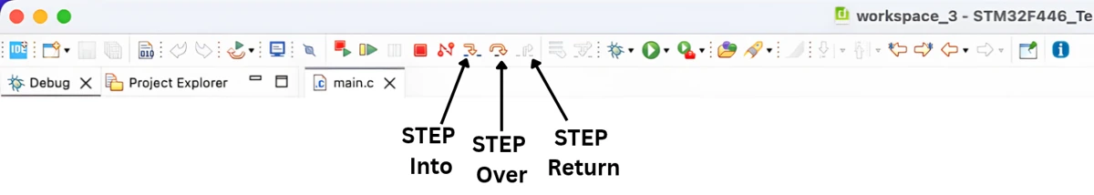 Step Into, Step Over, and Step Return controls in STM32CubeIDE