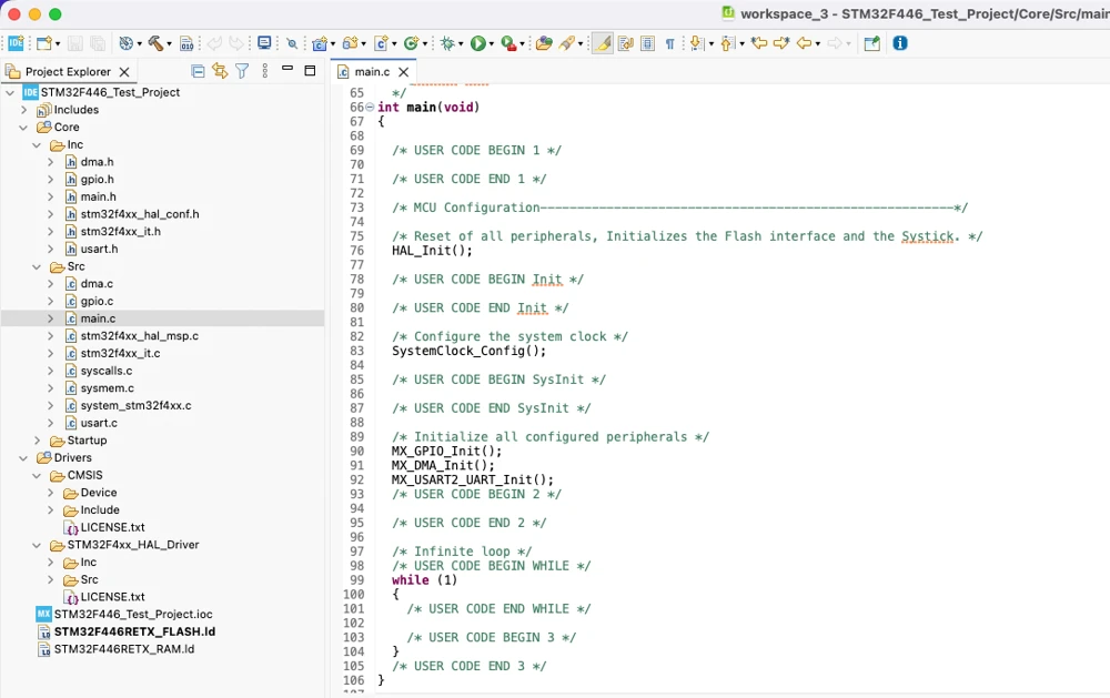main.c file open in STM32CubeIDE showing the while loop and USER CODE markers