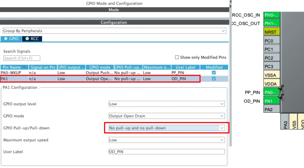 STM32CubeMX PA1 open-drain settings with Pull-up/Pull-down set to no pull-up and no pull-down
