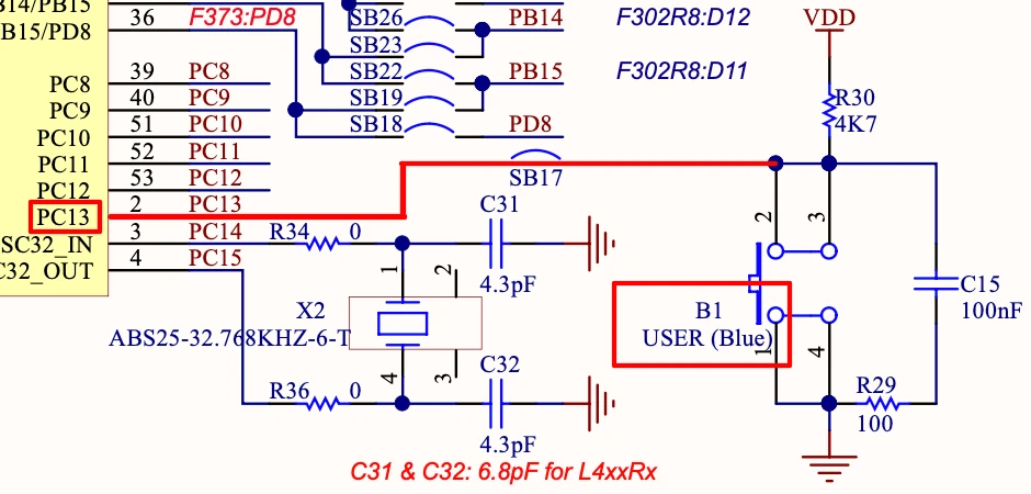 NUCLEO-F446RE user button B1 connected to pin PC13