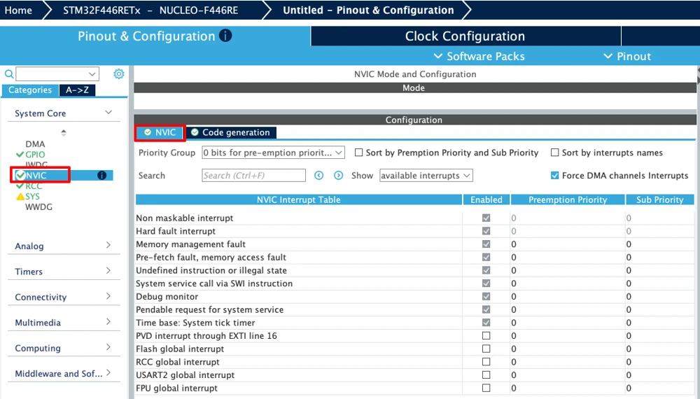 STM32CubeMX NVIC interrupt configuration table