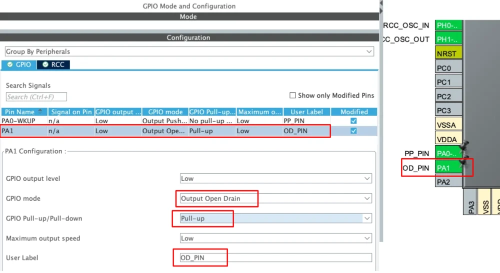 STM32CubeMX GPIO settings for PA1: Output Open Drain with pull-up enabled, label OD_PIN