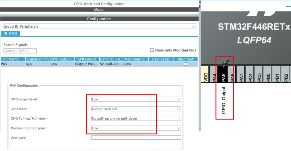 STM32CubeMX GPIO pin configuration showing output mode, pull resistor, and speed settings