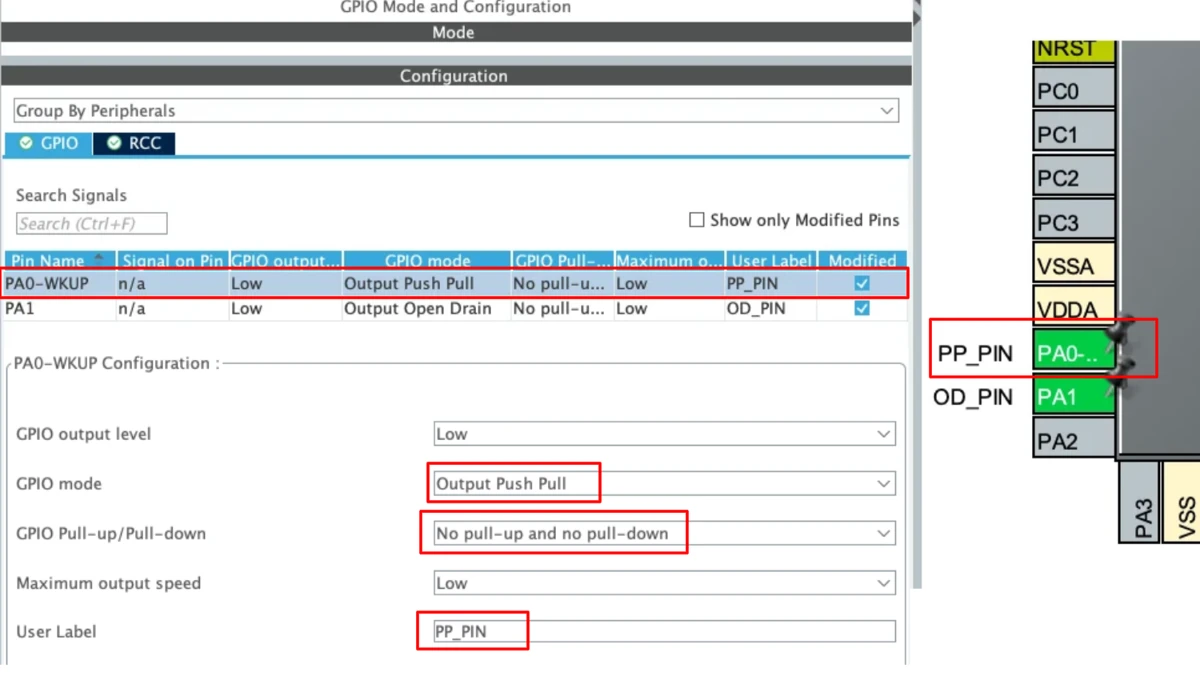 STM32CubeMX GPIO settings for PA0: Output Push Pull, no pull-up, low speed, label PP_PIN