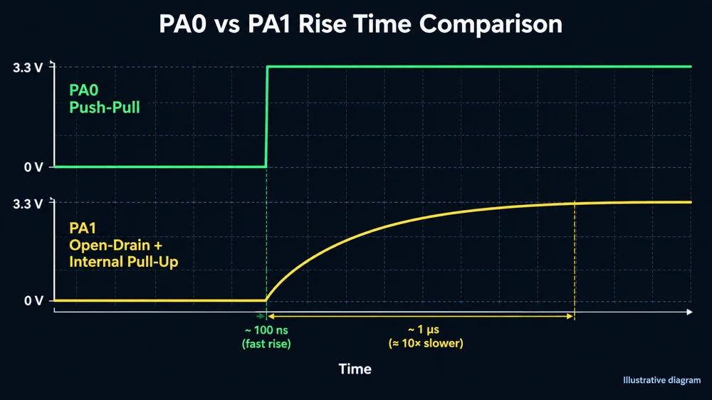 Illustrative diagram comparing the sharp rising edge of a push-pull pin with the slow RC edge of open-drain