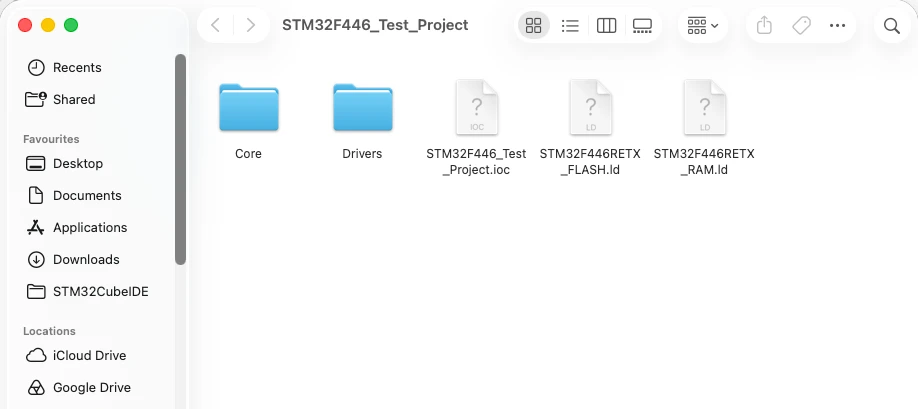 Generated STM32CubeMX project folder structure with Core and Drivers