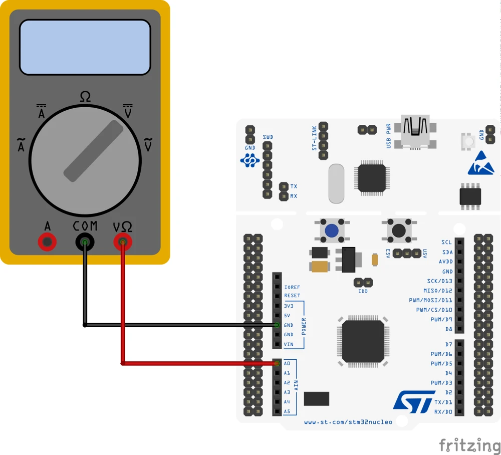 Multimeter probes on the NUCLEO-F446RE: black probe on GND, red probe on A0 (PA0) or A1 (PA1)