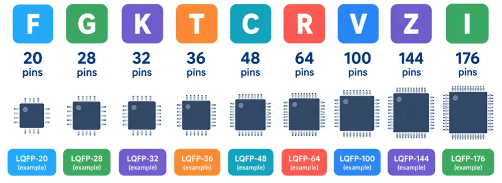 STM32 pin count letters chart from 20-pin to 176-pin packages
