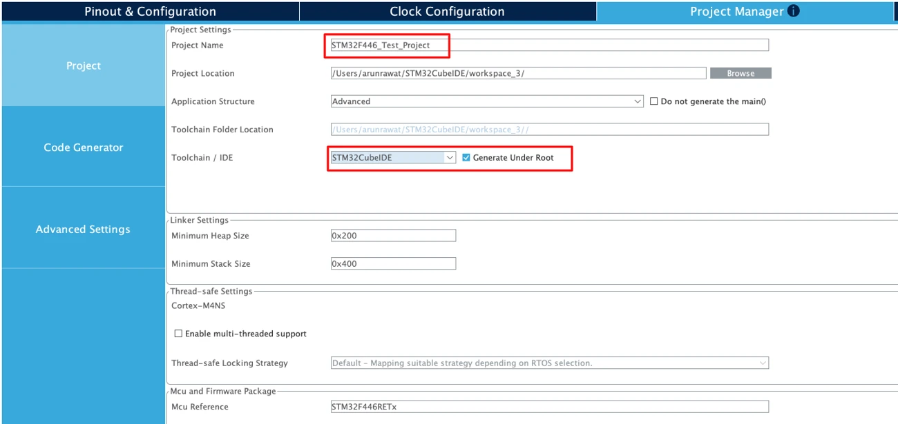 STM32CubeMX project name, location and toolchain settings