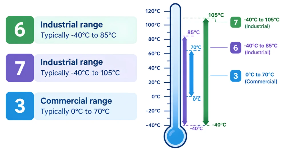 STM32 temperature range codes for commercial and industrial grades