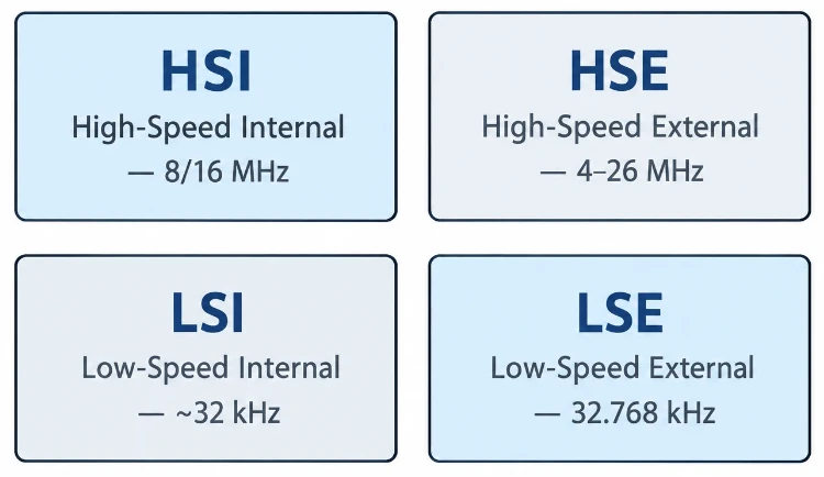 Diagram of STM32 HSI, HSE, LSI and LSE oscillators with typical frequencies