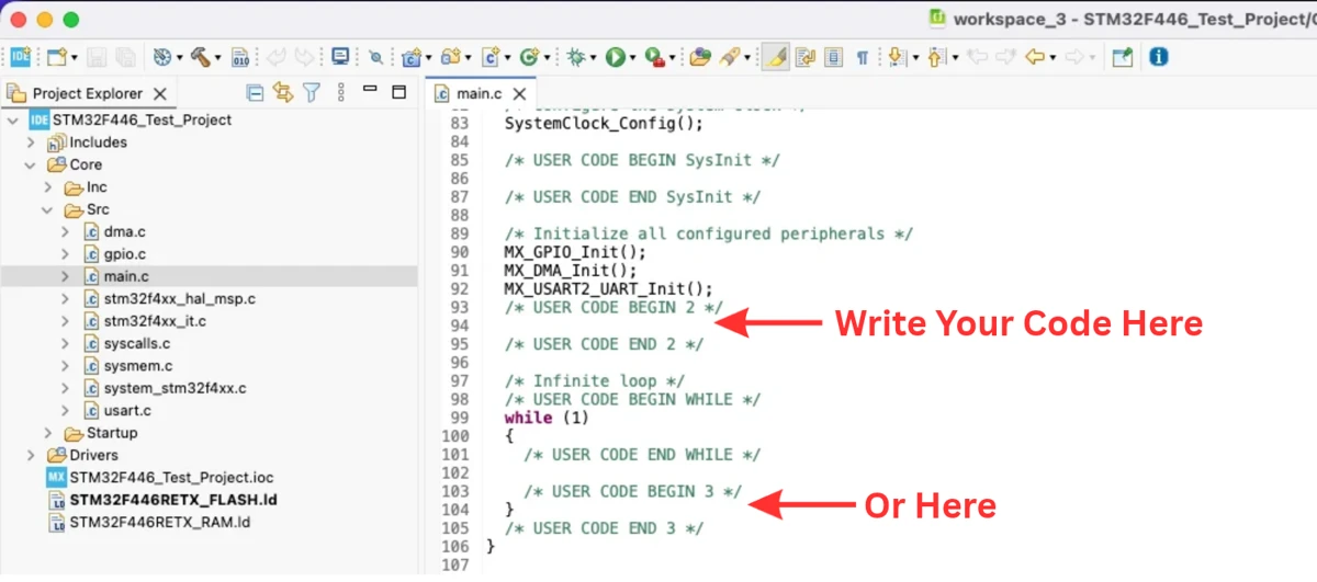 USER CODE BEGIN and END markers in generated main.c