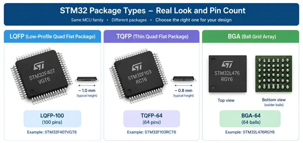 STM32 package type codes showing LQFP, BGA, UFQFPN and WLCSP