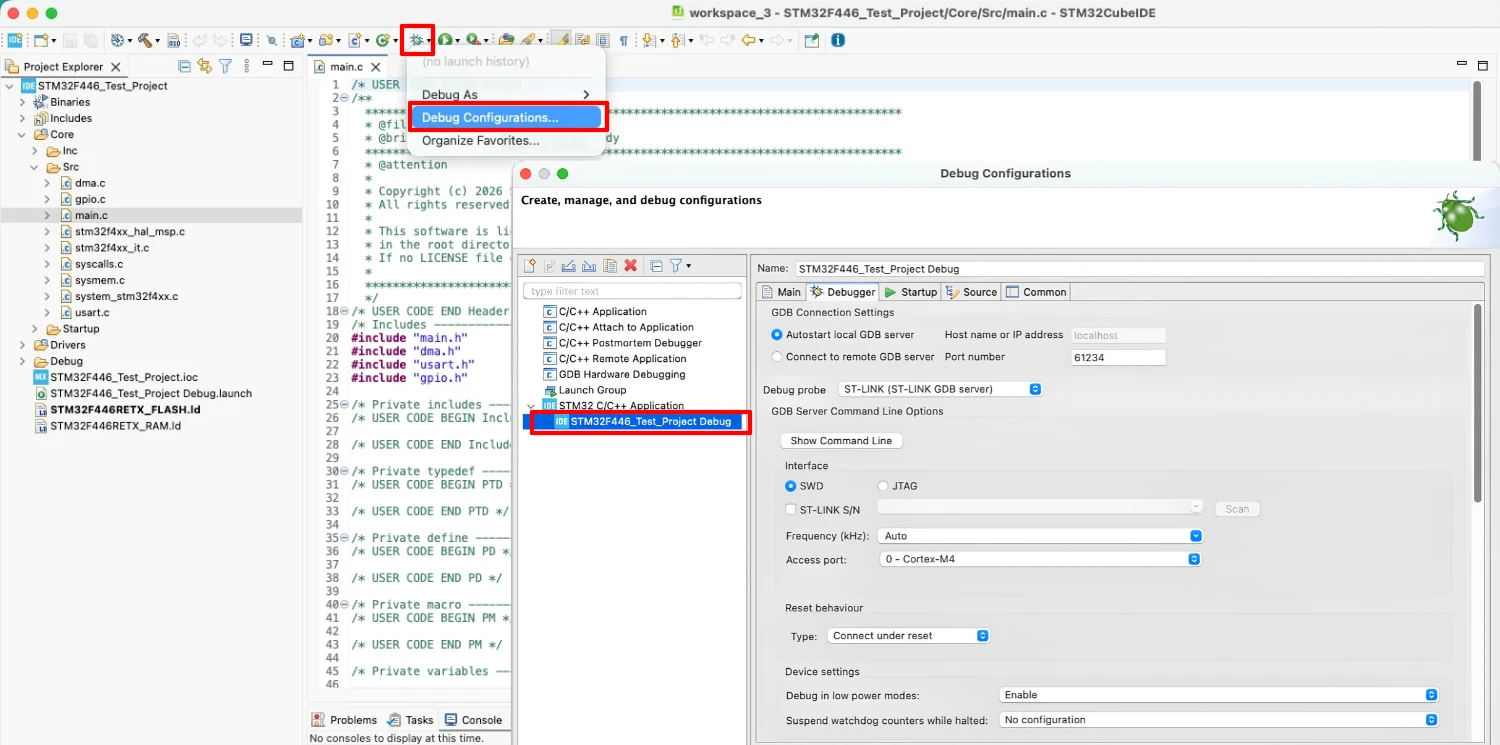 STM32CubeIDE debug configuration settings for probe, interface, and erase options