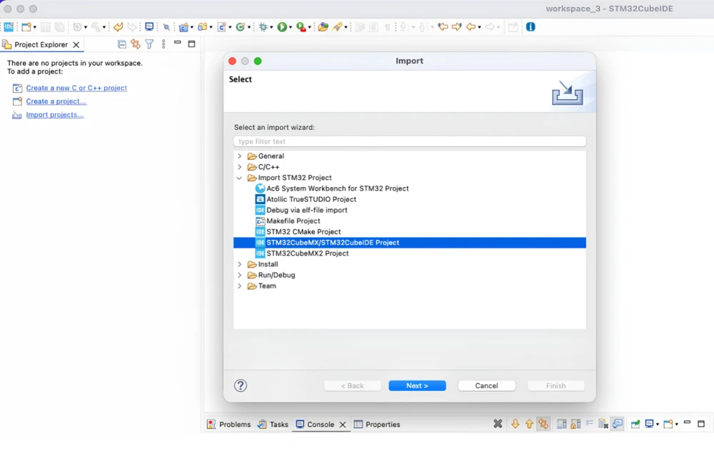 STM32CubeIDE welcome screen showing options to create, import, or open a project