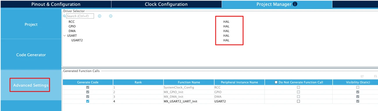 STM32CubeMX Advanced Settings for HAL and LL driver selection