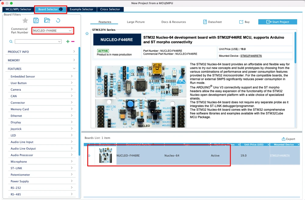 STM32CubeMX Board Selector showing a Nucleo development board
