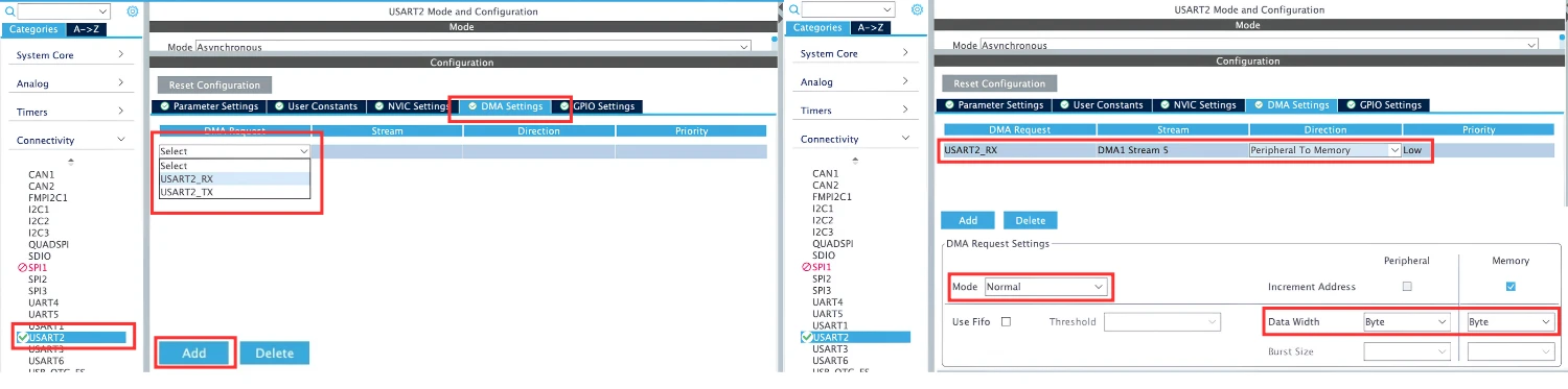 STM32CubeMX DMA configuration panel for a peripheral