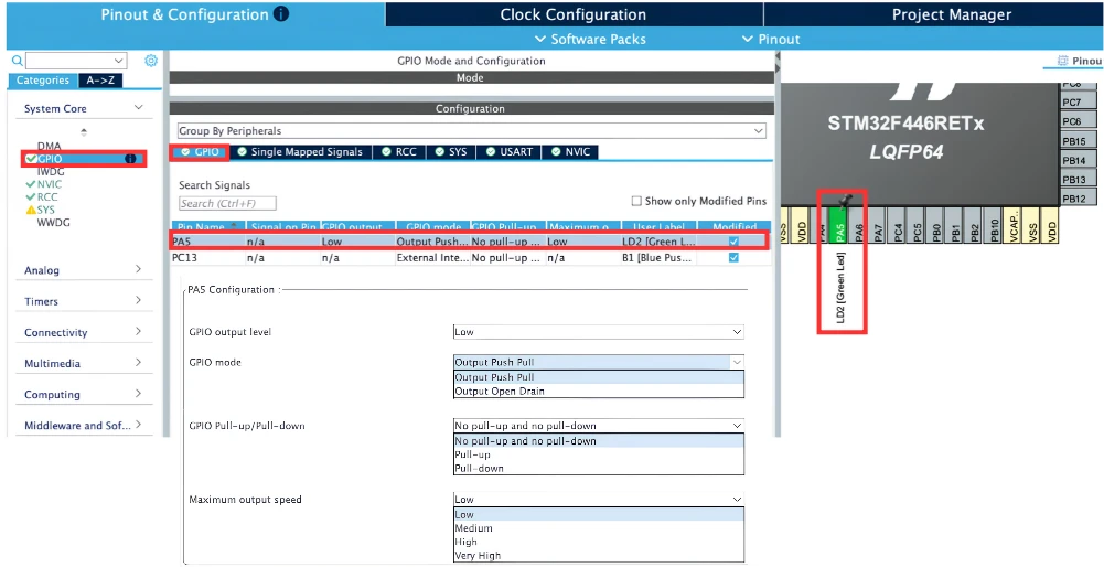 STM32CubeMX GPIO output configuration for an LED pin
