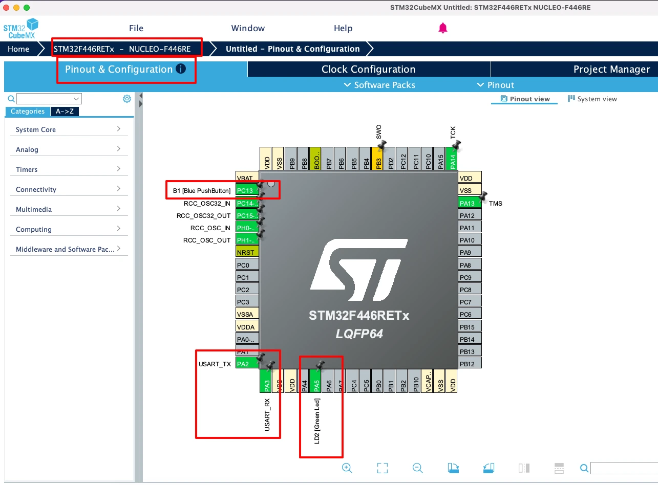 STM32CubeMX pinout diagram with assigned and unassigned pins