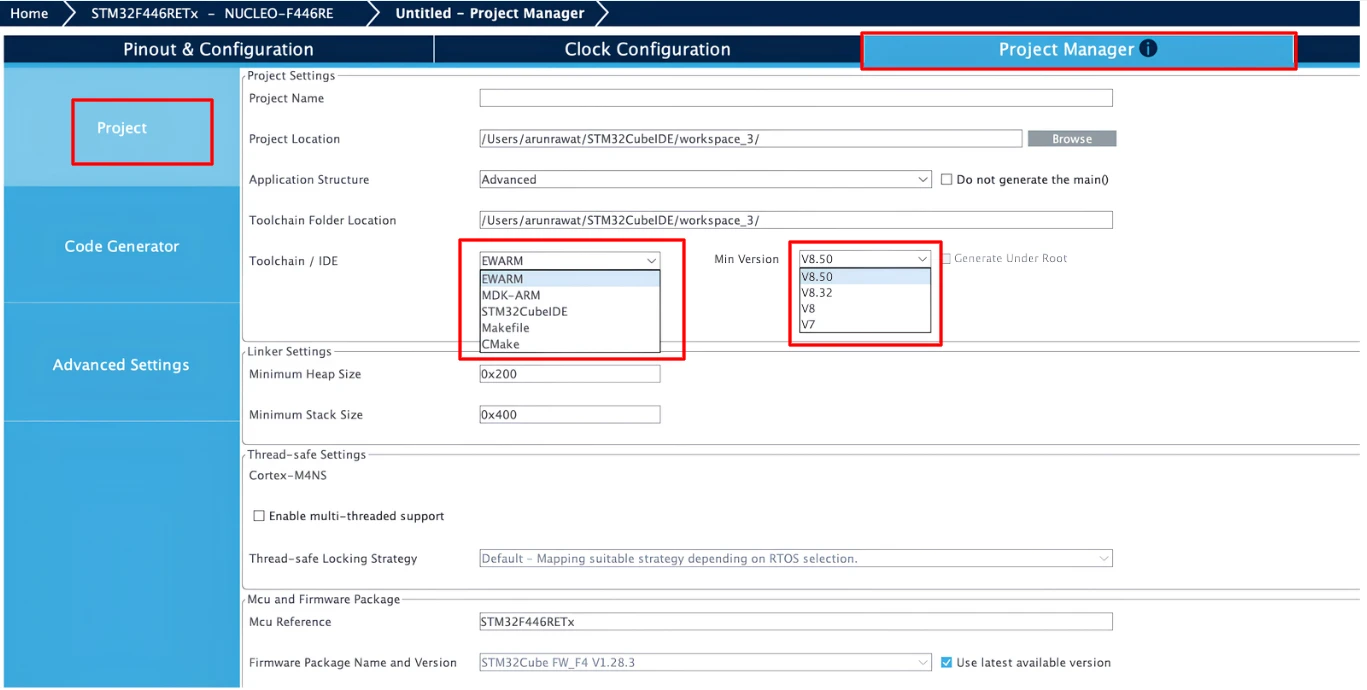 STM32CubeMX Project Manager tab overview