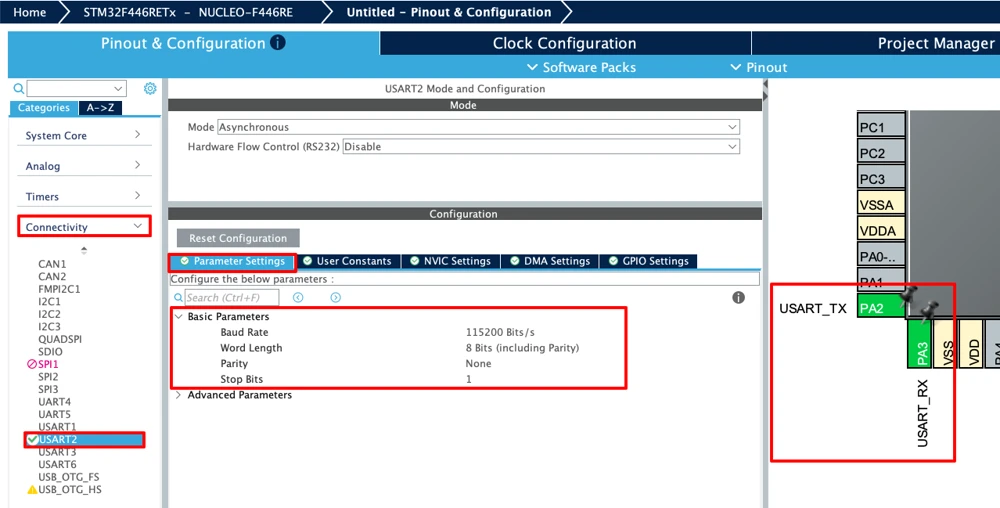 STM32CubeMX USART peripheral configuration and baud rate settings