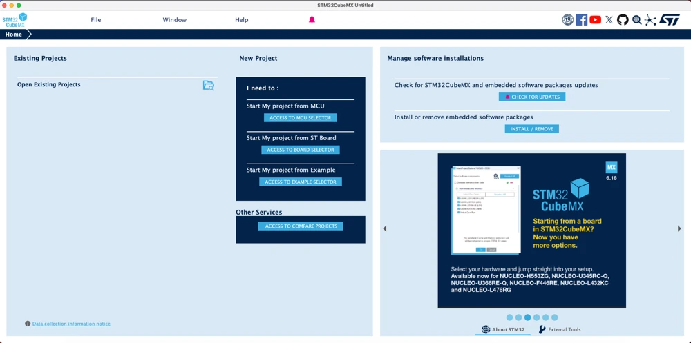 STM32CubeMX start page with New Project options