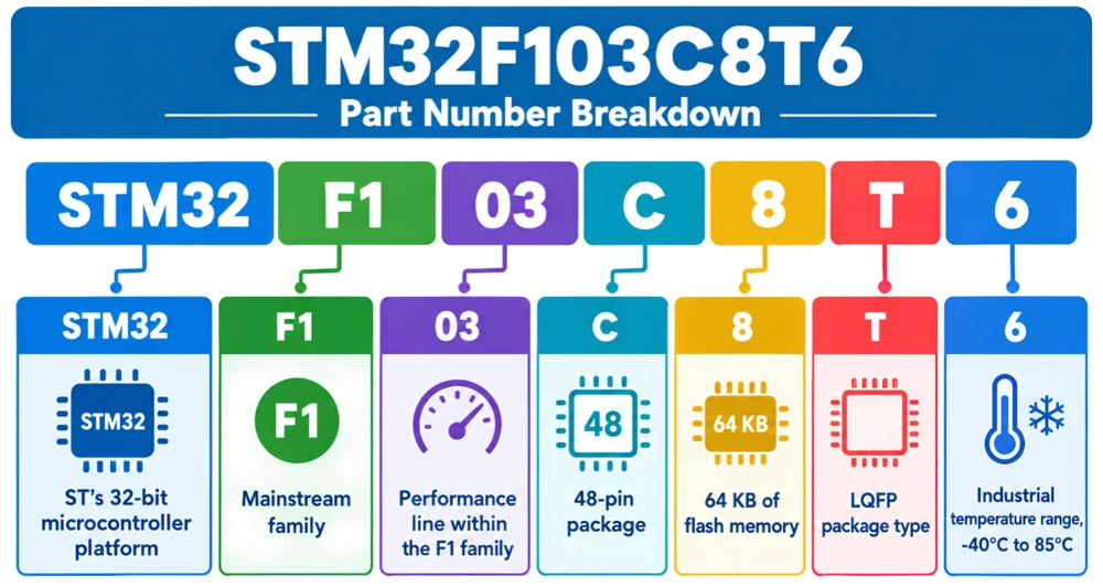 STM32F103C8T6 part number breakdown example