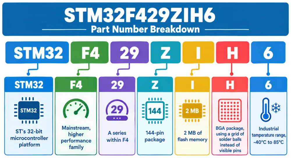 STM32F429ZIH6 part number breakdown example with BGA package