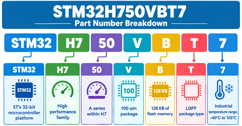 STM32H750VBT7 part number breakdown example with extended temperature range