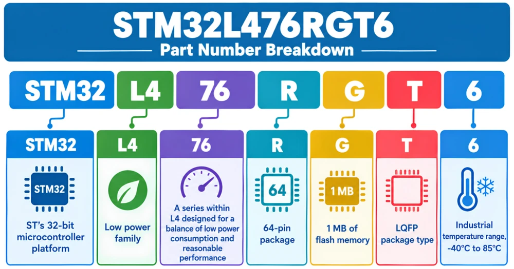 STM32L476RGT6 part number breakdown example for low power design