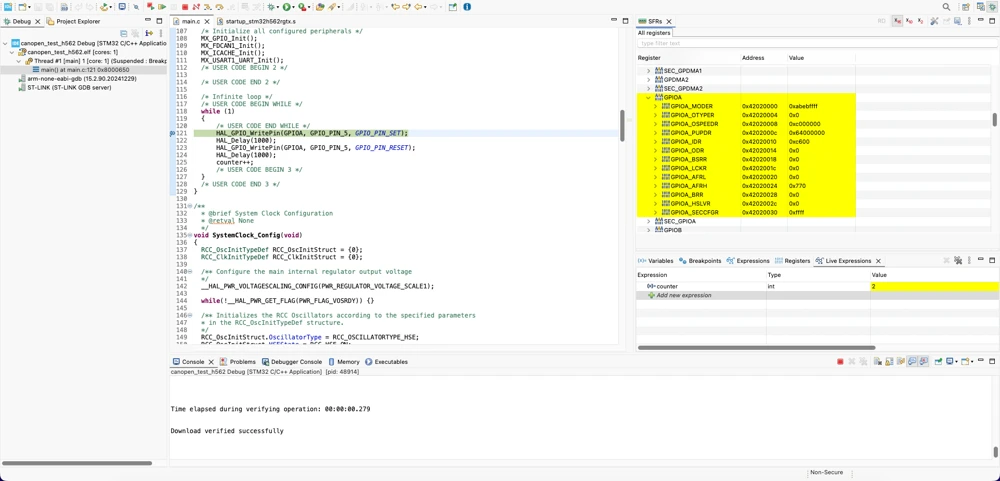 STM32CubeIDE screen showing code and a debugging session with a breakpoint
