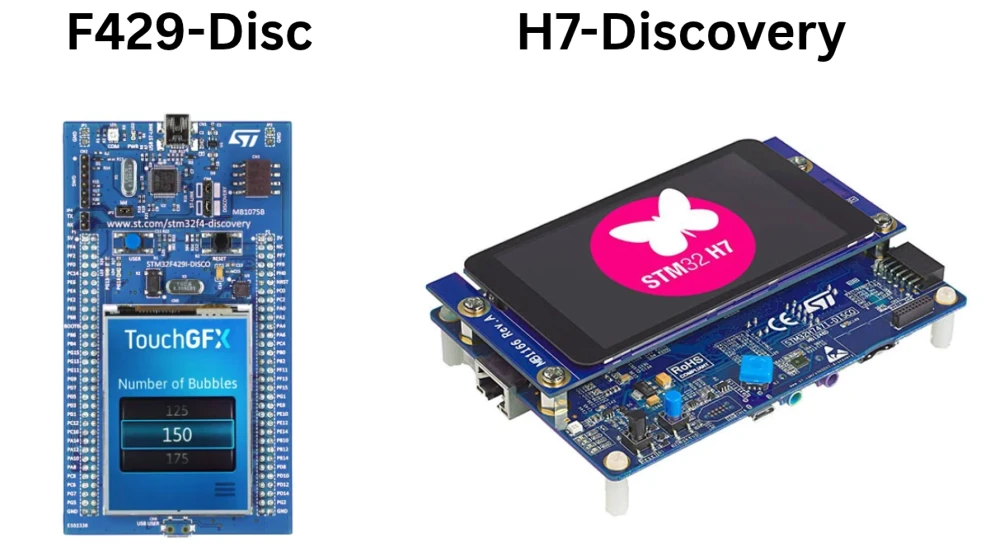 STM32F429I-DISCO board with onboard LCD next to an STM32H7 Discovery board