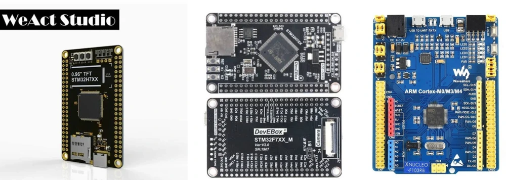 WeAct STM32H743 minimal development board next to DevEBox and Waveshare boards.