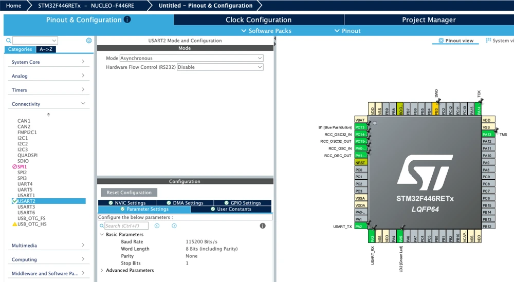 CubeMX pinout view showing a configured STM32 chip
