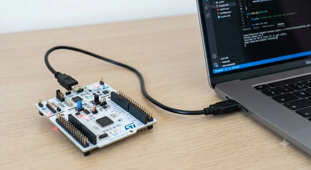 Nucleo board connected to a laptop via USB, showing the simple one-cable setup