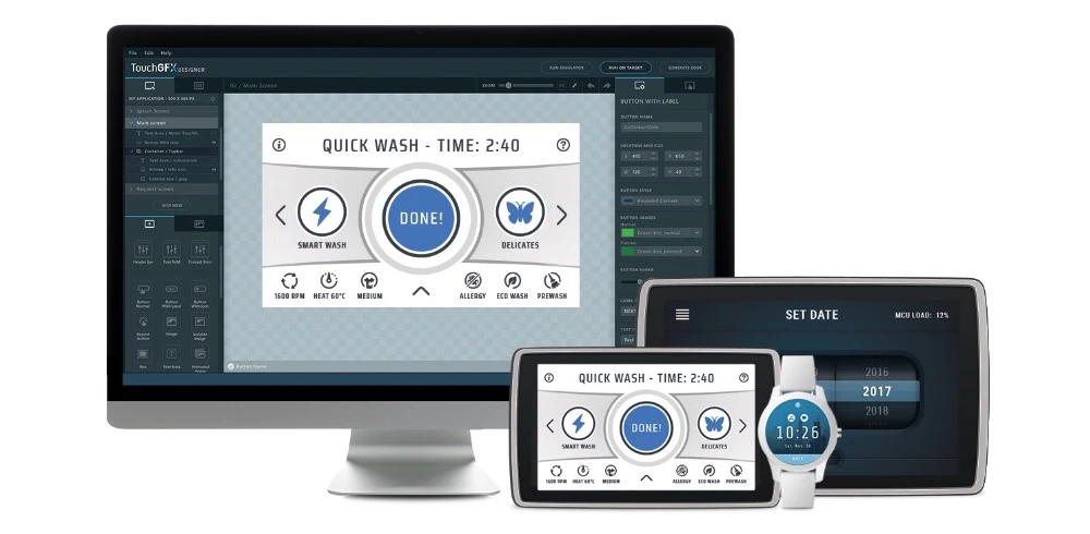 TouchGFX Designer showing a drag and drop UI screen for STM32 display project