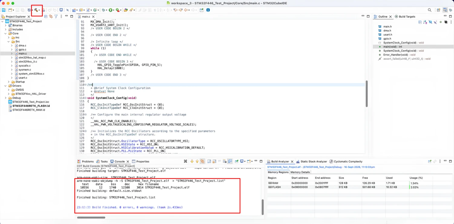 Building a project in STM32CubeIDE using the hammer icon with build output in the Console panel