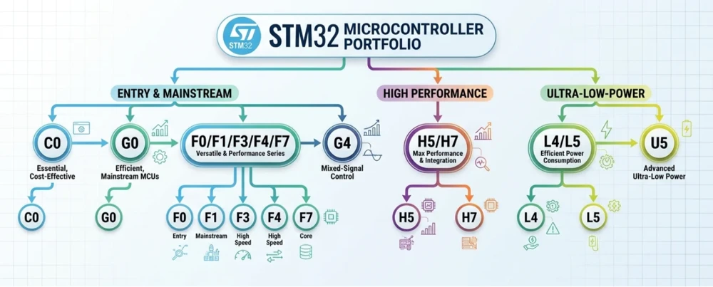 STM32 microcontroller family tree showing F, G, H, L, U and C series