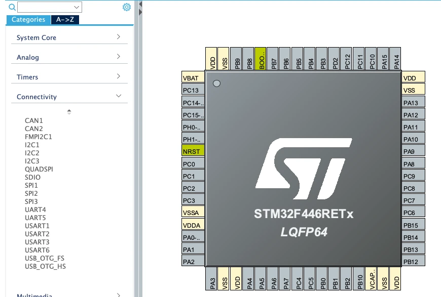 STM32F446 peripherals such as USART, SPI, I2C and timers sharing the I/O pins of the NUCLEO-F446RE board