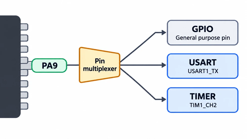 STM32 alternate function pins thumbnail showing one pin splitting into GPIO, USART and timer signals