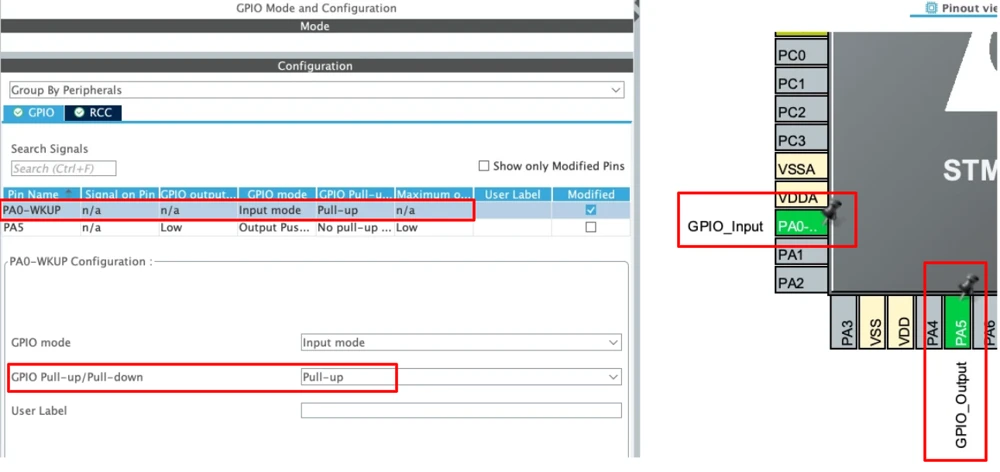 STM32CubeMX settings for PA0 as a GPIO input with pull-up and PA5 as a push-pull output for the user LED