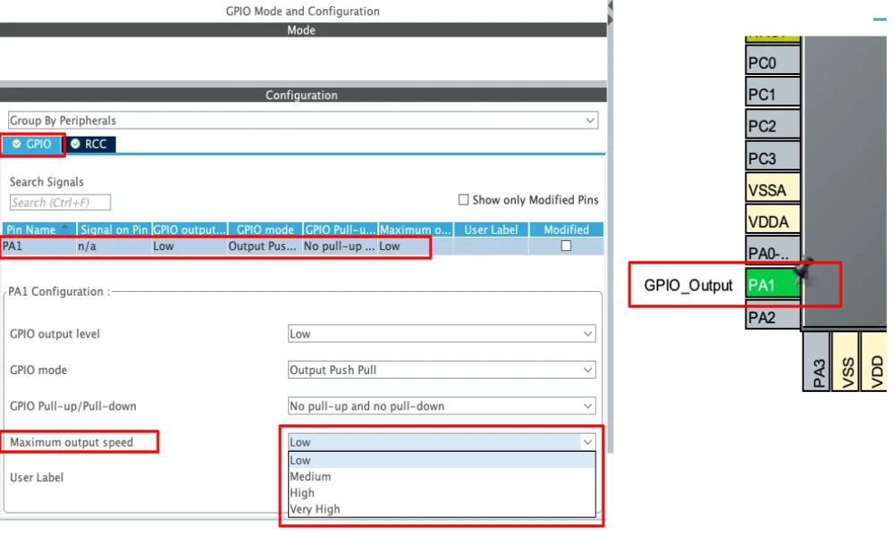 STM32CubeMX GPIO settings with the Maximum output speed drop-down open, showing Low, Medium, High, and Very High