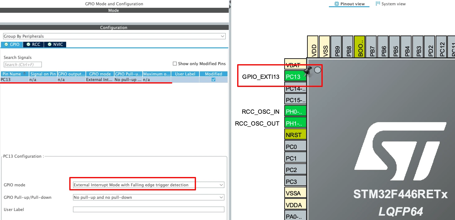STM32CubeMX GPIO settings with PC13 set to GPIO_EXTI13 and External Interrupt Mode with falling edge trigger detection