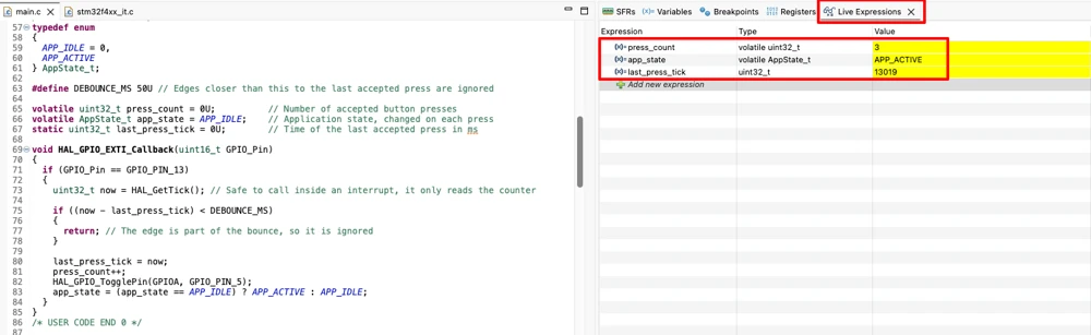 STM32CubeIDE Live Expressions view showing press_count and app_state changing after each press of button B1